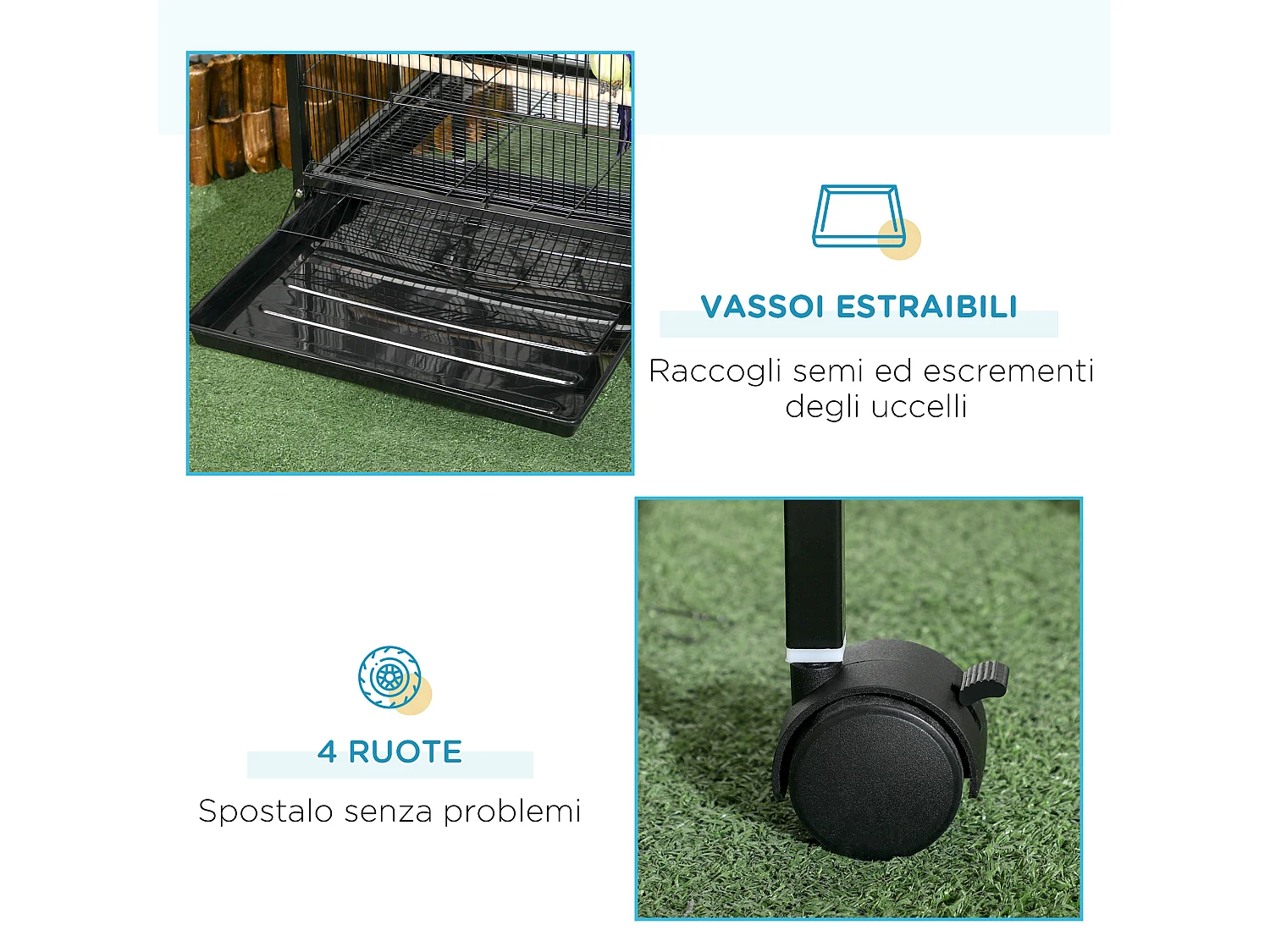 Gabbia voliera per uccelli 2 in 1 con ruote e vassoi estraibili nero