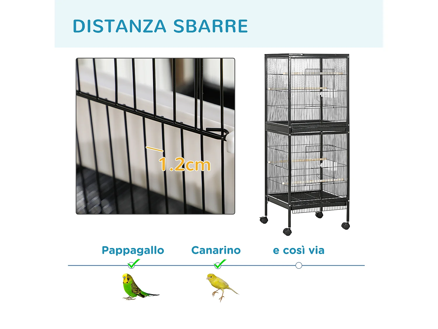 Gabbia voliera per uccelli 2 in 1 con ruote e vassoi estraibili nero