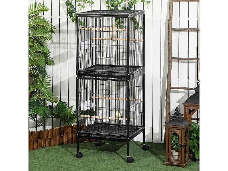 Gabbia voliera per uccelli 2 in 1 con ruote e vassoi estraibili nero