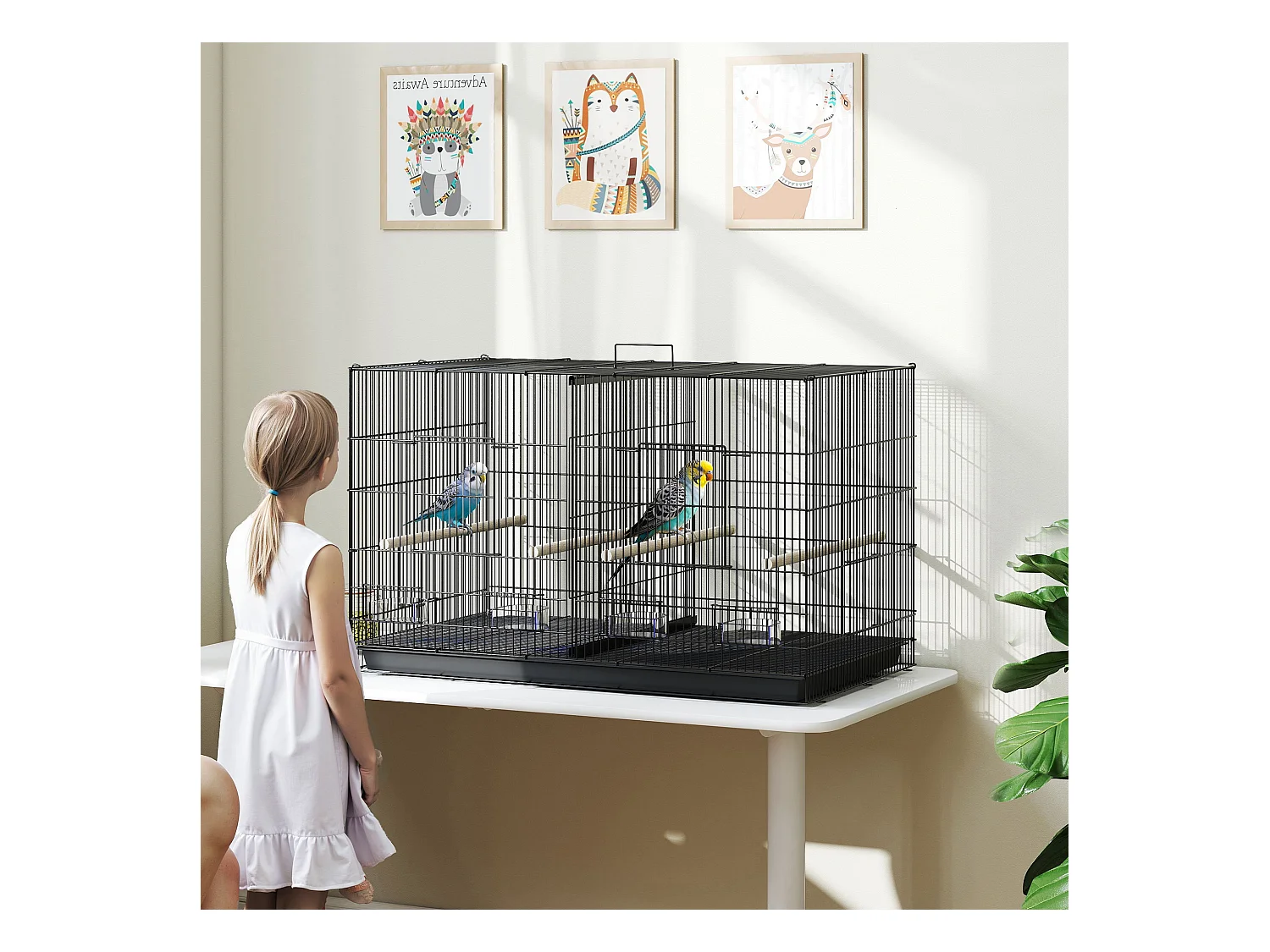 Gabbia per uccelli con divisorio e ripiano inferiore 94x57x57 cm nero