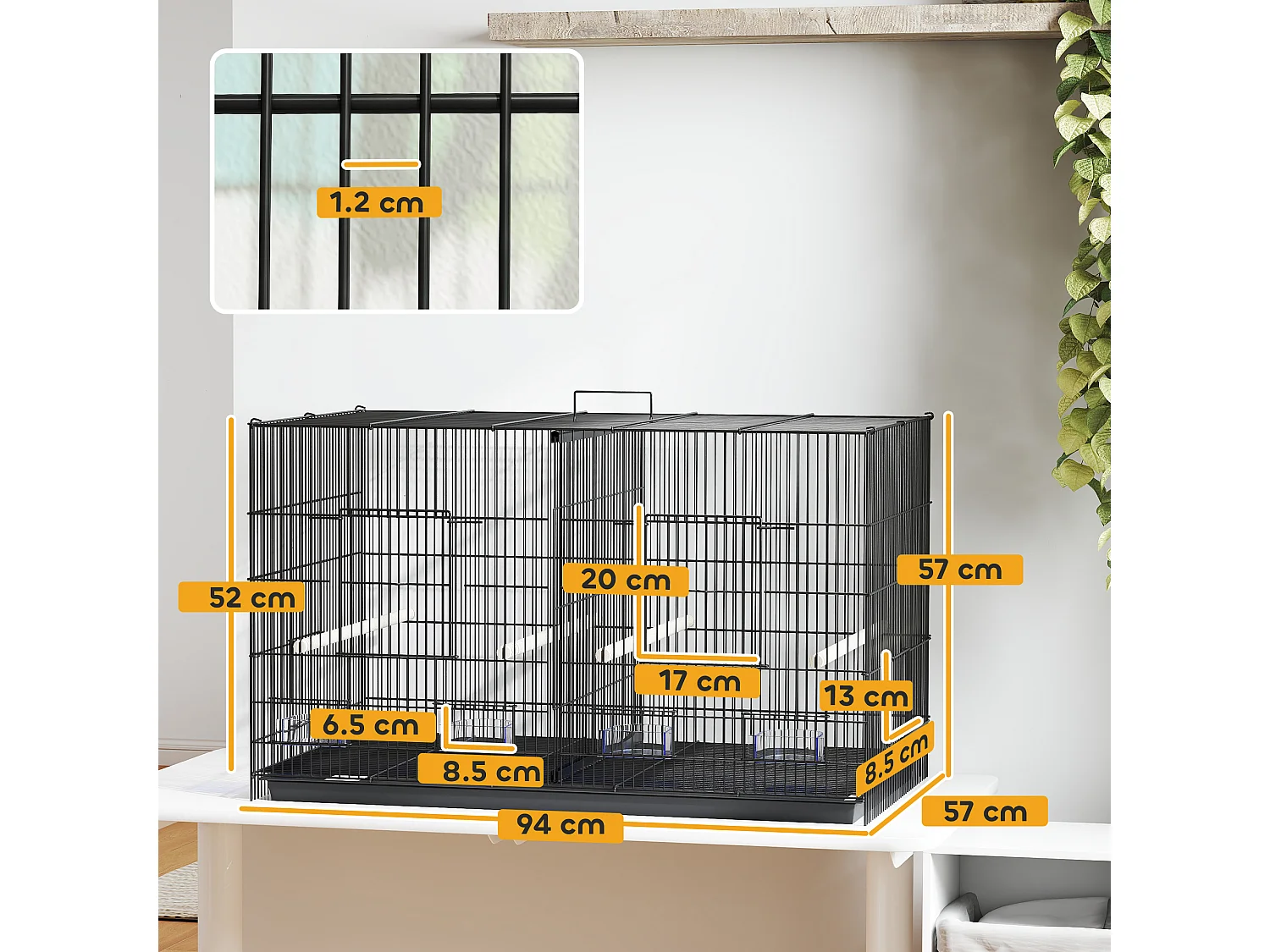 Gabbia per uccelli con divisorio e ripiano inferiore 94x57x57 cm nero