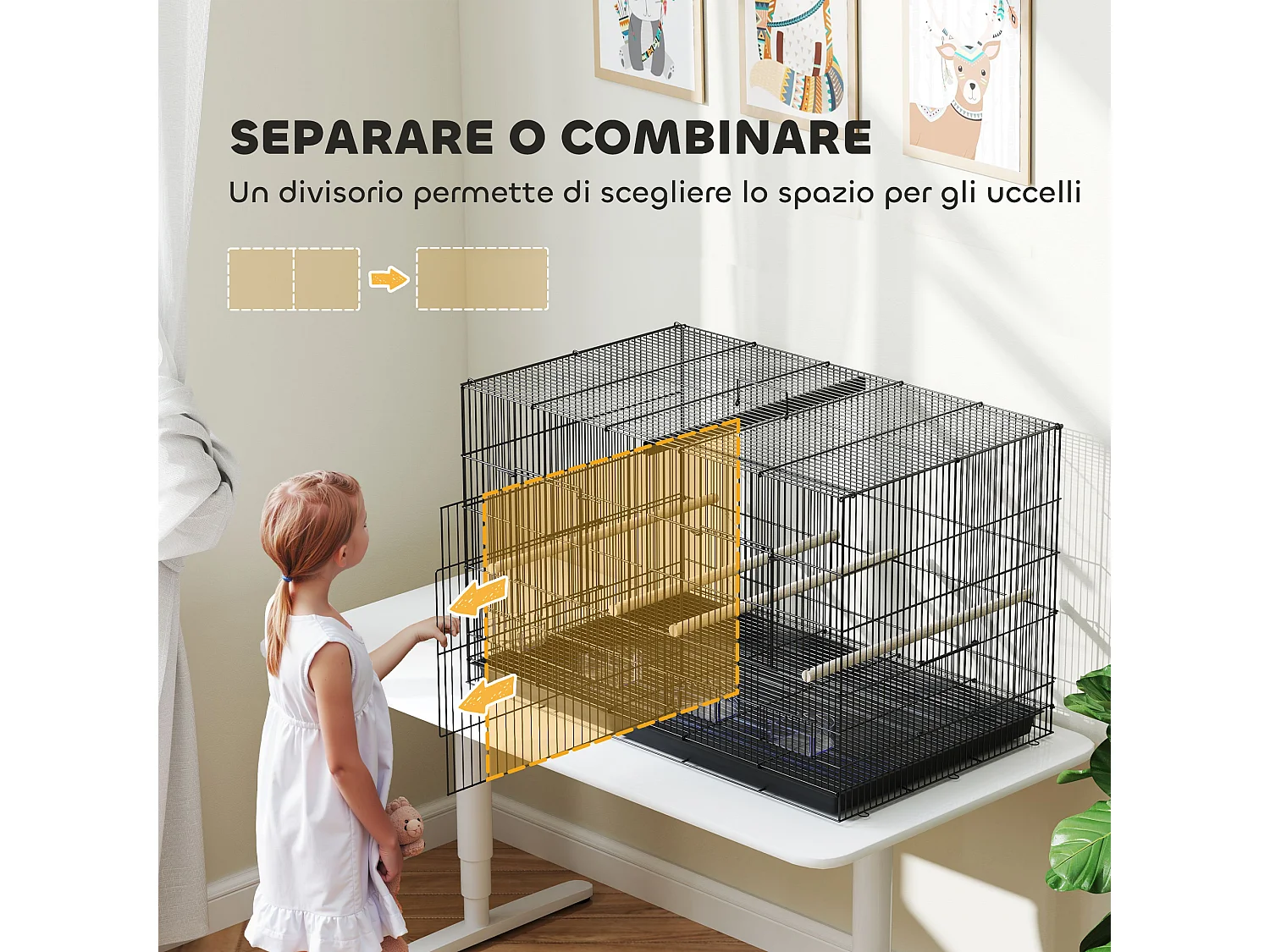 Gabbia per uccelli con divisorio e ripiano inferiore 94x57x57 cm nero