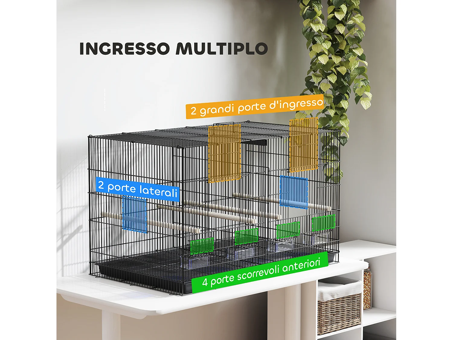 Gabbia per uccelli con divisorio e ripiano inferiore 94x57x57 cm nero