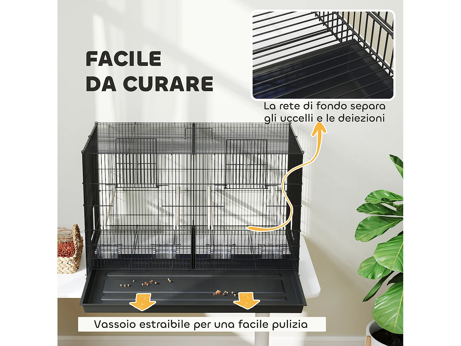 Gabbia per uccelli con divisorio e ripiano inferiore 94x57x57 cm nero