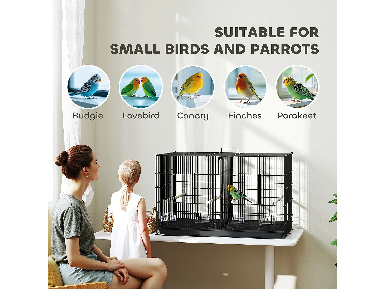 Gabbia per uccelli con divisorio e ripiano inferiore 94x57x57 cm nero