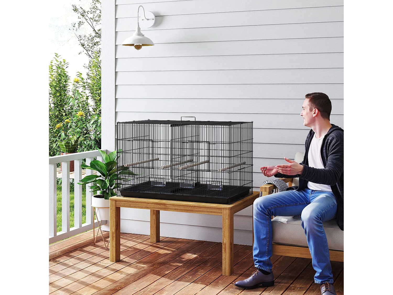 Gabbia per uccelli con divisorio e ripiano inferiore 94x57x57 cm nero