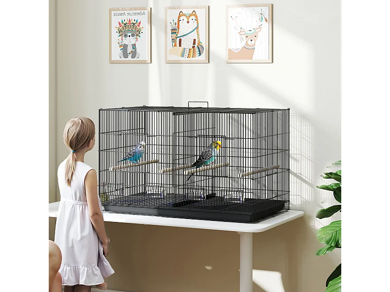 Gabbia per uccelli con divisorio e ripiano inferiore 94x57x57 cm nero