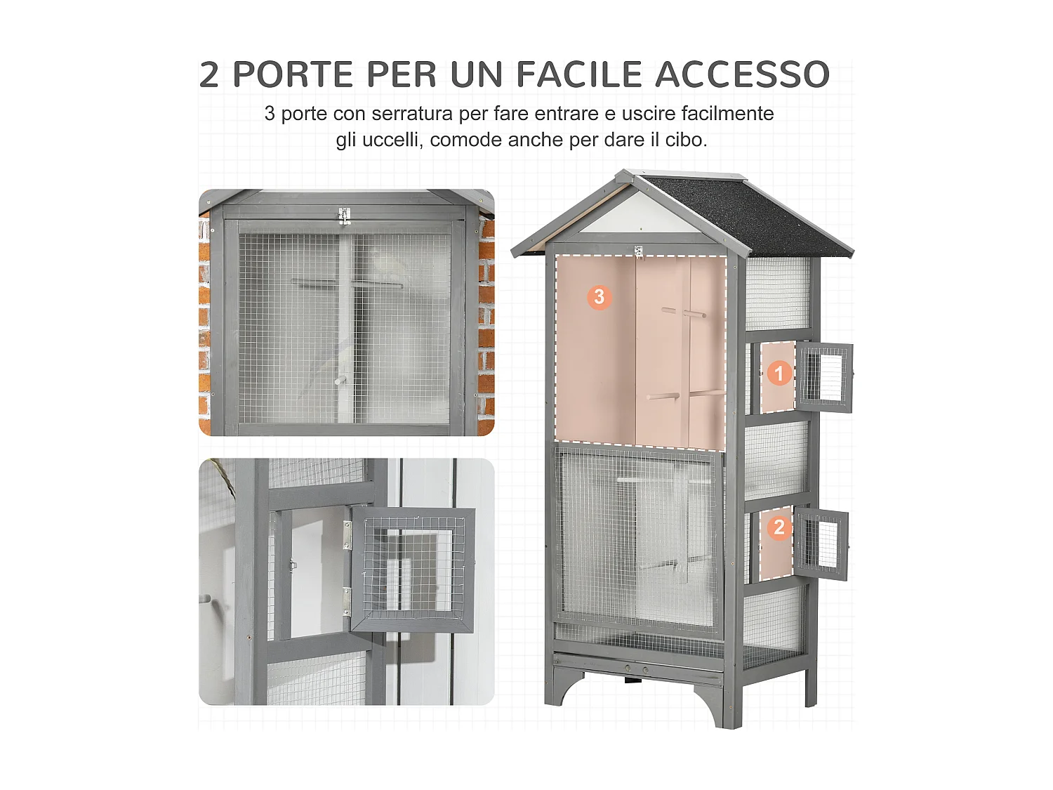 Voliera per uccellini in legno, 3 aperture 4 posatoi vassoio rimovibile