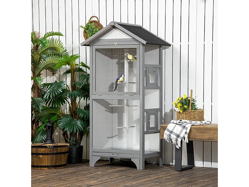 Voliera per uccellini in legno, 3 aperture 4 posatoi vassoio rimovibile