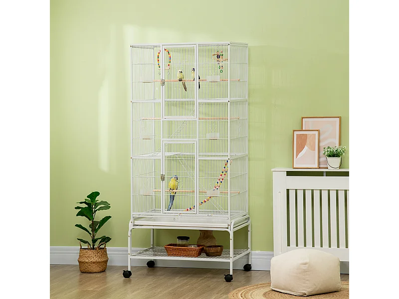 Gabbia per uccelli in acciaio con posatoi giocattoli e vassoio rimovibile