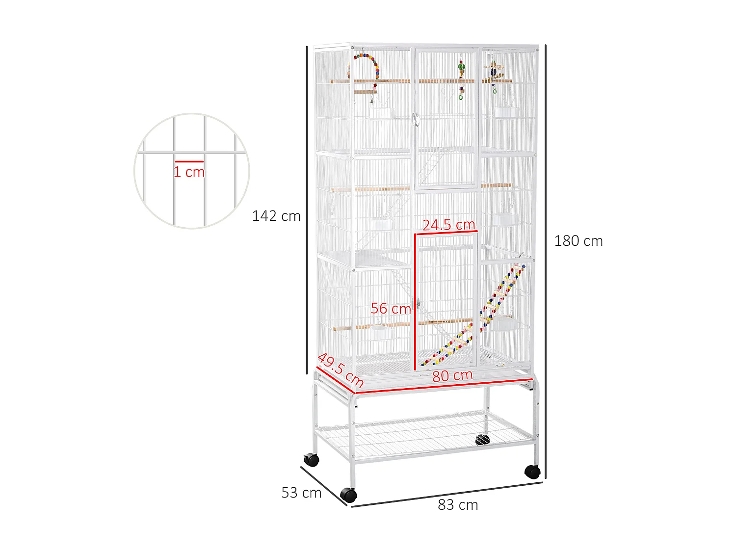 Gabbia per uccelli in acciaio con posatoi giocattoli e vassoio rimovibile