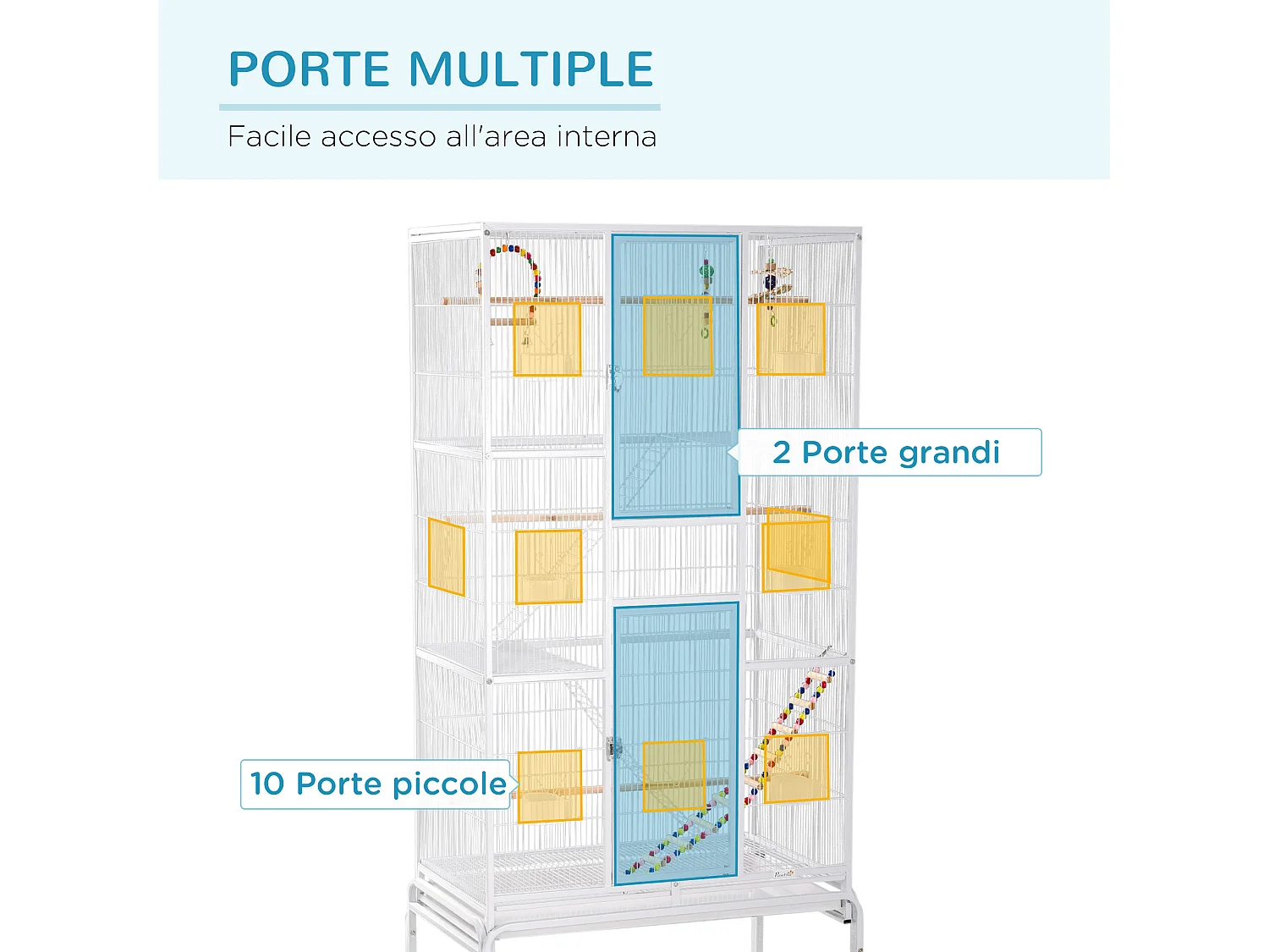 Gabbia per uccelli in acciaio con posatoi giocattoli e vassoio rimovibile