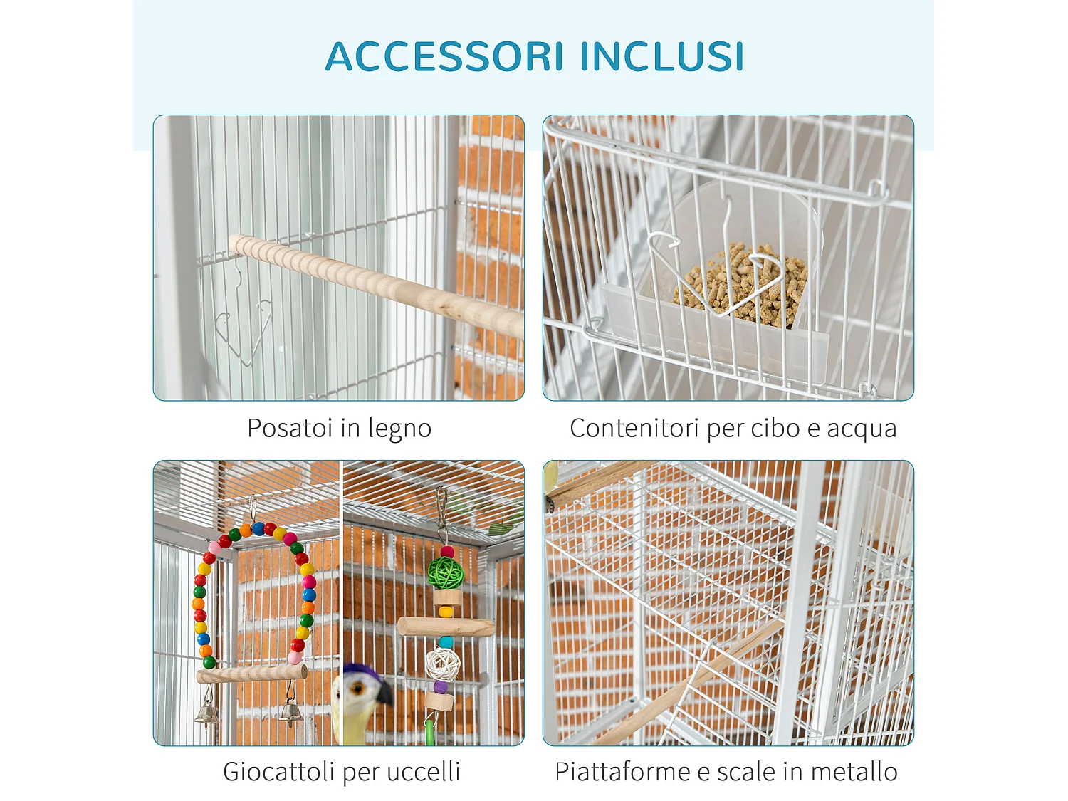 Gabbia per uccelli in acciaio con posatoi giocattoli e vassoio rimovibile