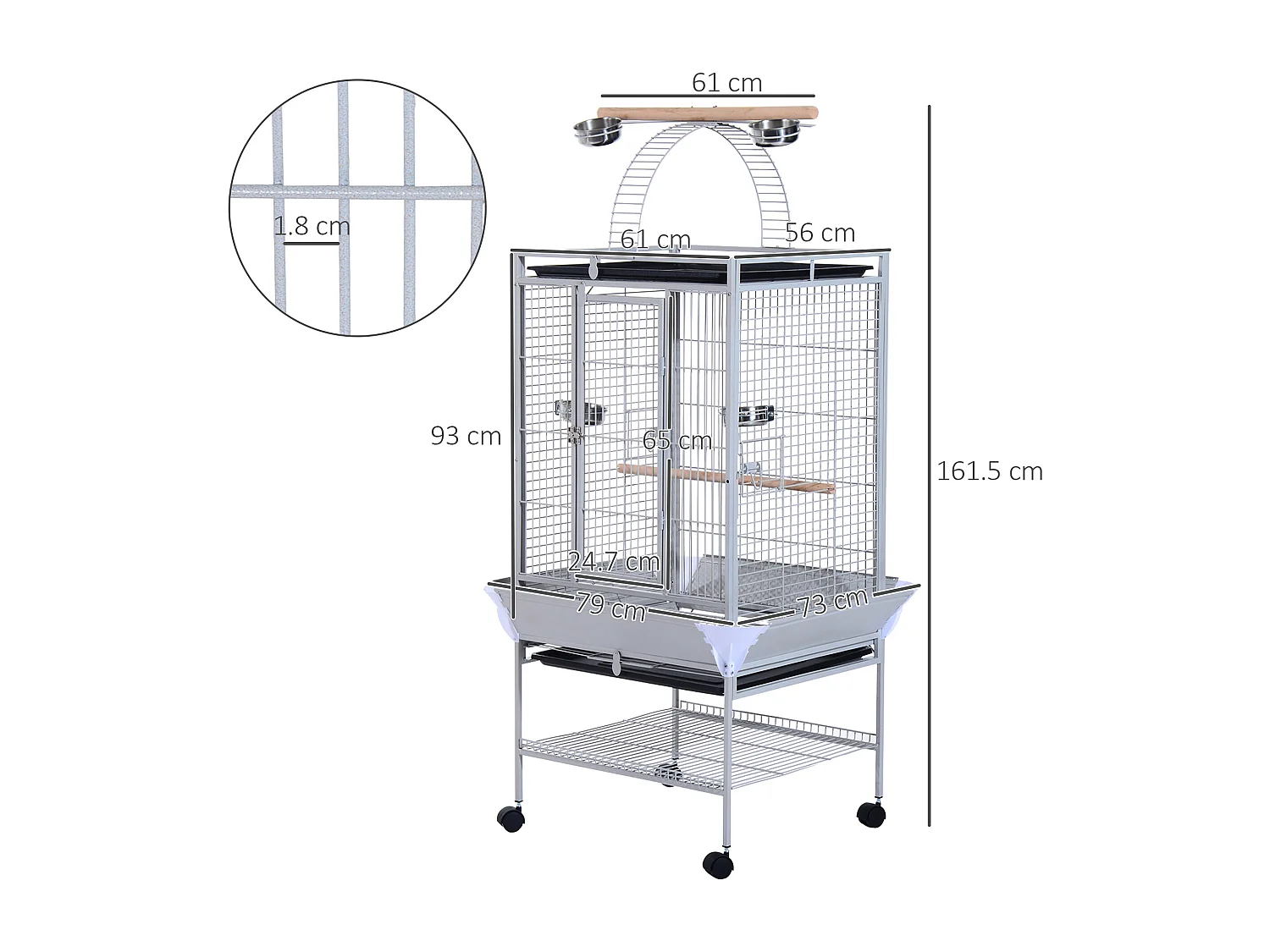 Voliera per uccelli con ruote altezza 161cm vaschette per cibo e trespoli