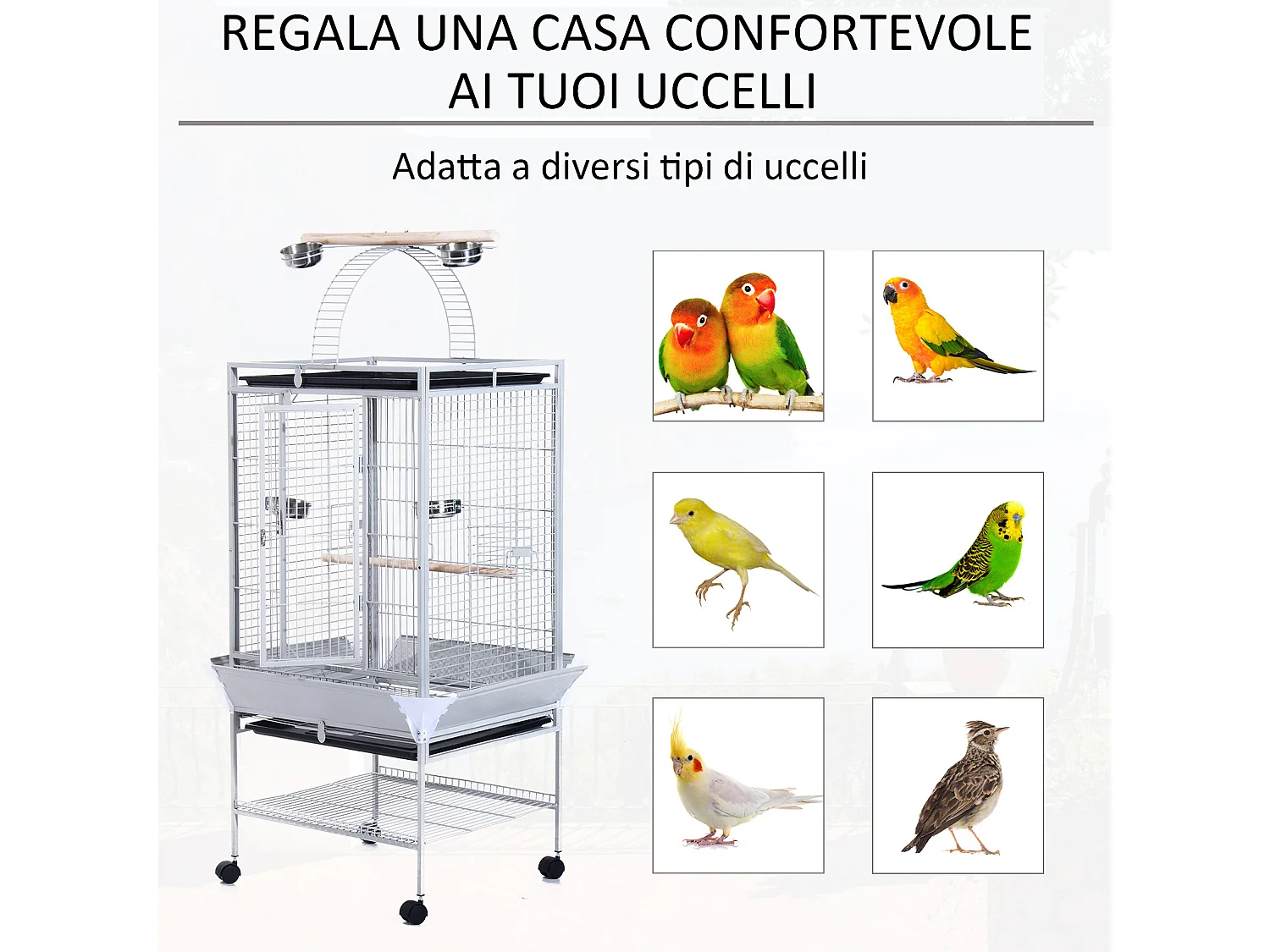 Voliera per uccelli con ruote altezza 161cm vaschette per cibo e trespoli