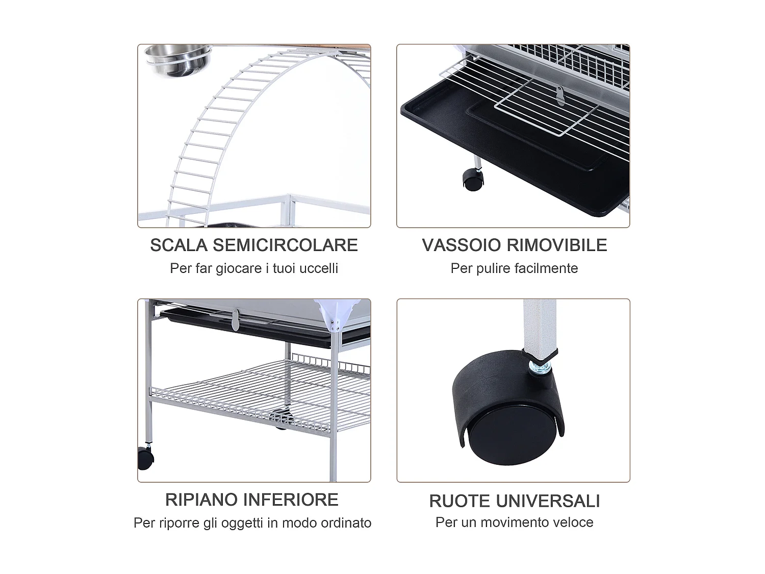 Voliera per uccelli con ruote altezza 161cm vaschette per cibo e trespoli