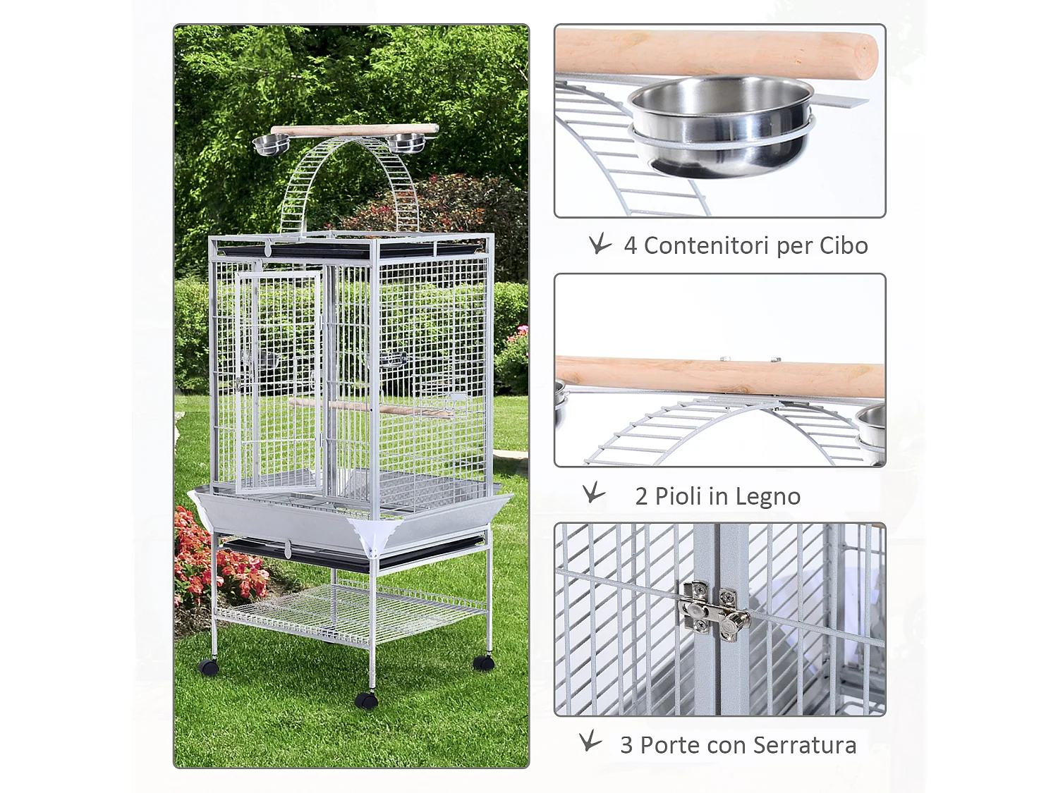 Voliera per uccelli con ruote altezza 161cm vaschette per cibo e trespoli