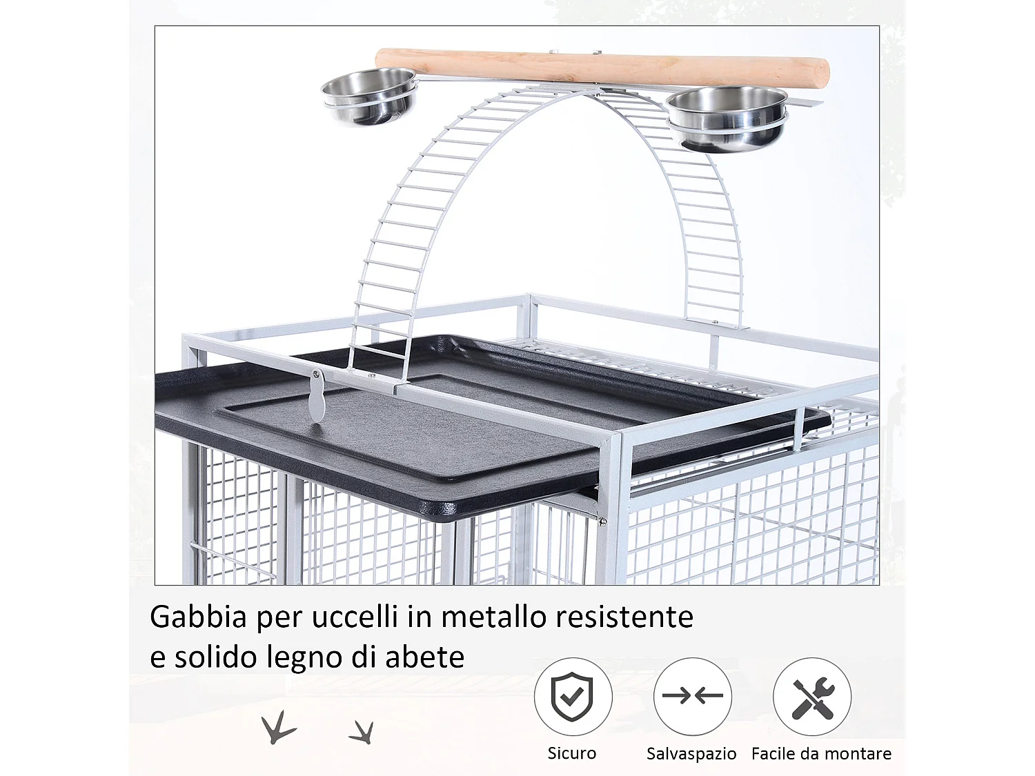 Voliera per uccelli con ruote altezza 161cm vaschette per cibo e trespoli