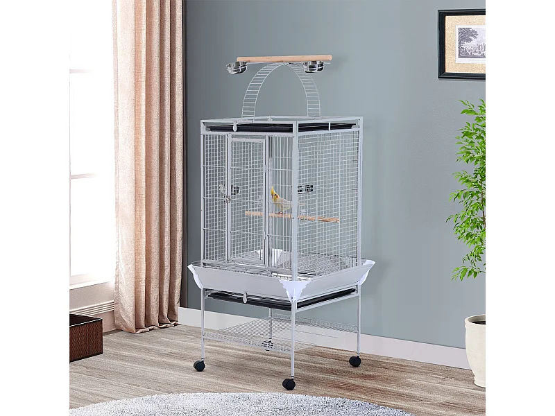 Voliera per uccelli con ruote altezza 161cm vaschette per cibo e trespoli