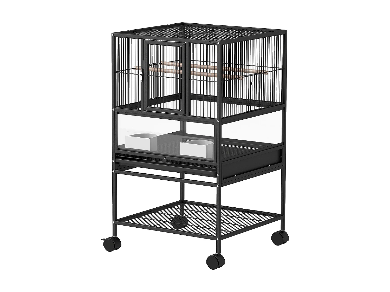 Gabbia per uccelli a ruote con ripiano inferiore, vassoio e griglia nero