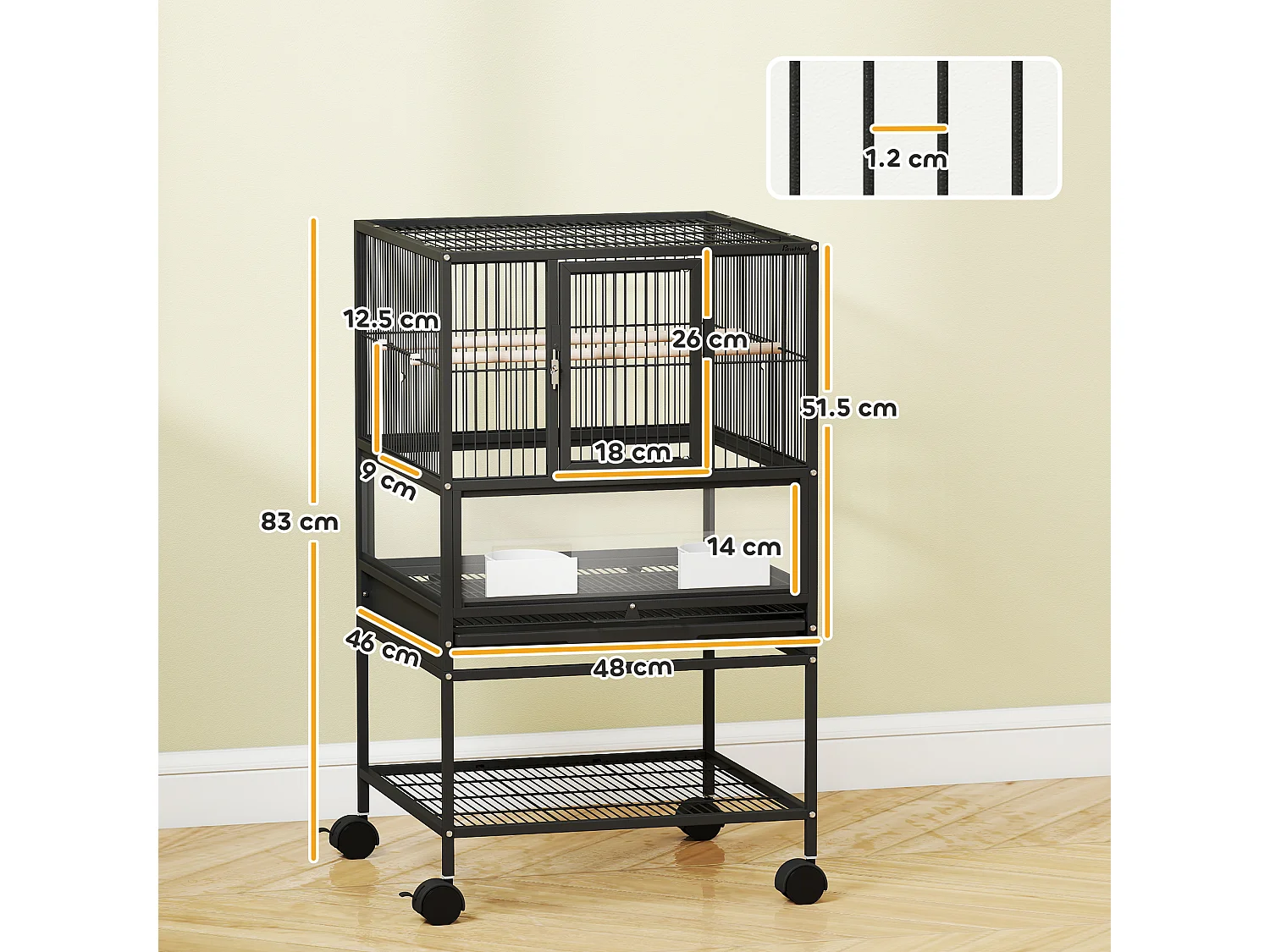 Gabbia per uccelli a ruote con ripiano inferiore, vassoio e griglia nero