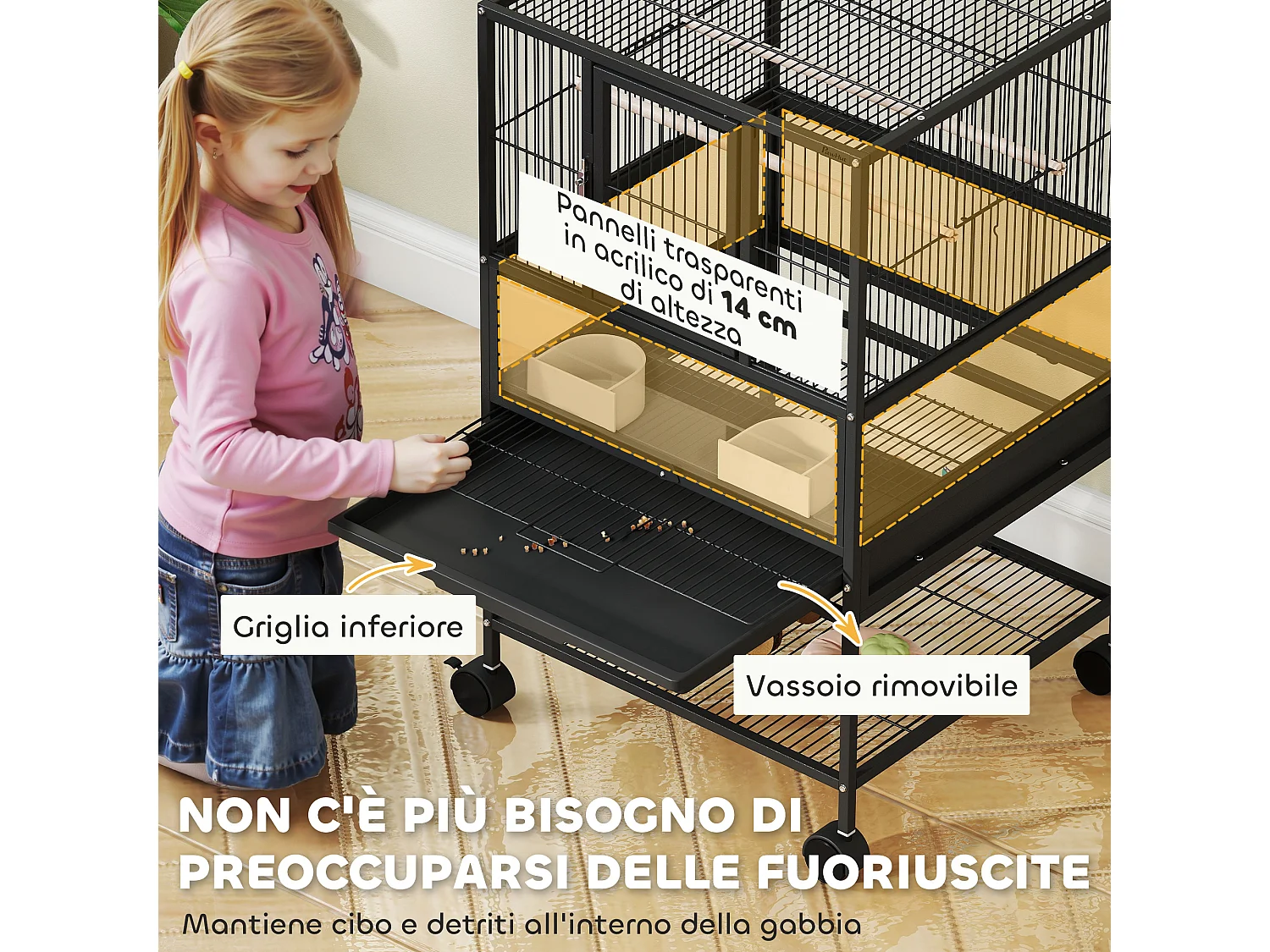 Gabbia per uccelli a ruote con ripiano inferiore, vassoio e griglia nero