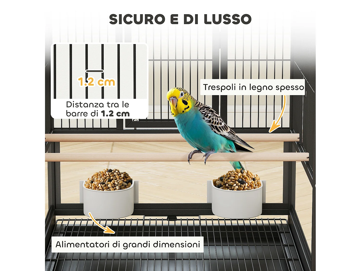 Gabbia per uccelli a ruote con ripiano inferiore, vassoio e griglia nero