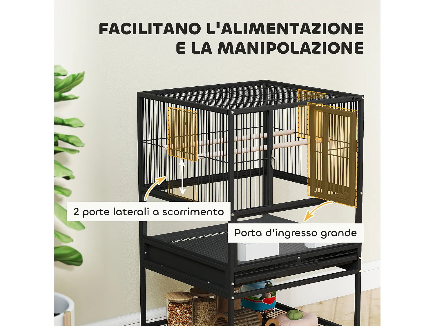 Gabbia per uccelli a ruote con ripiano inferiore, vassoio e griglia nero