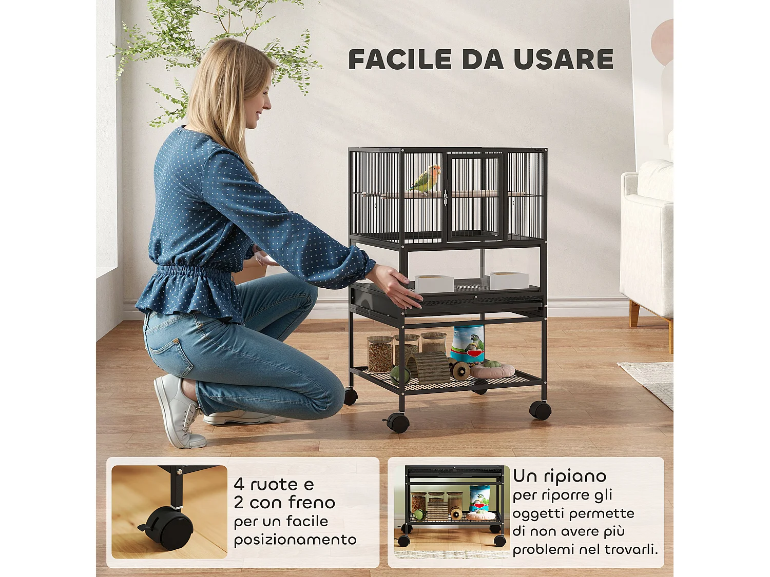 Gabbia per uccelli a ruote con ripiano inferiore, vassoio e griglia nero