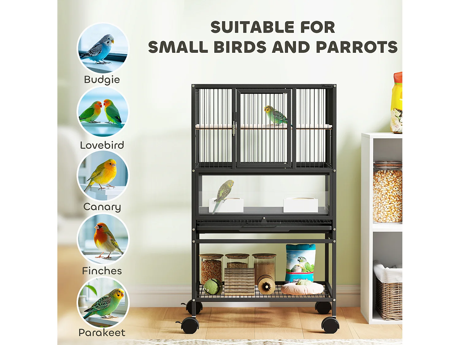 Gabbia per uccelli a ruote con ripiano inferiore, vassoio e griglia nero