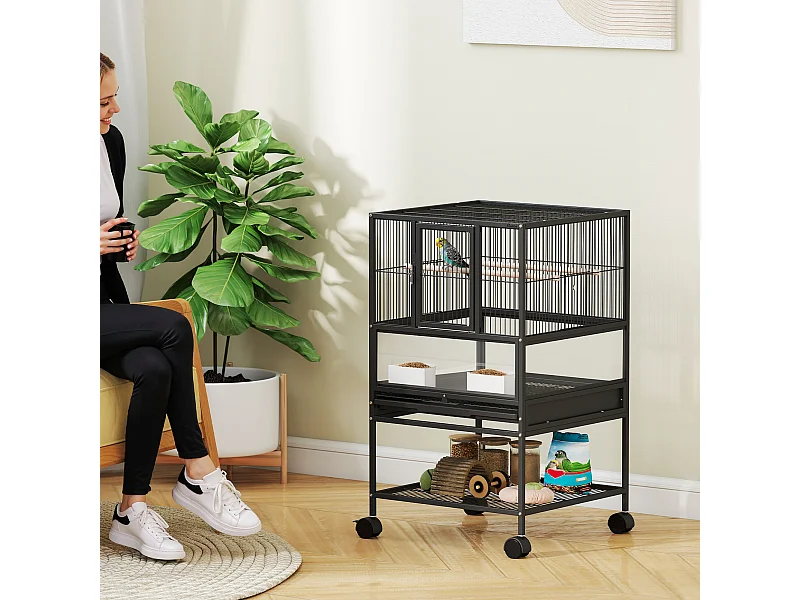Gabbia per uccelli a ruote con ripiano inferiore, vassoio e griglia nero