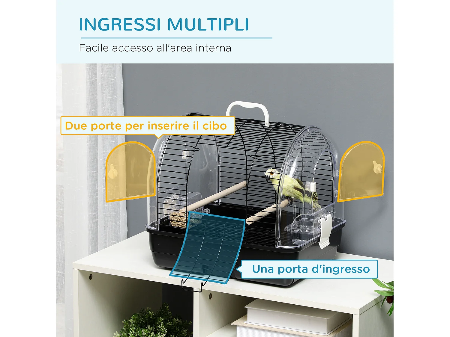 Gabbia per uccelli nera con posatoi e vassoio rimovibile