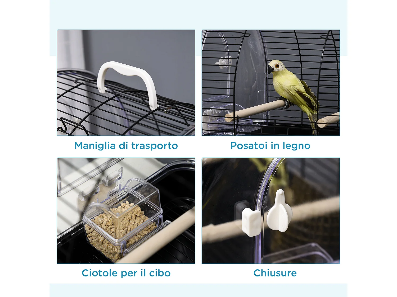 Gabbia per uccelli nera con posatoi e vassoio rimovibile