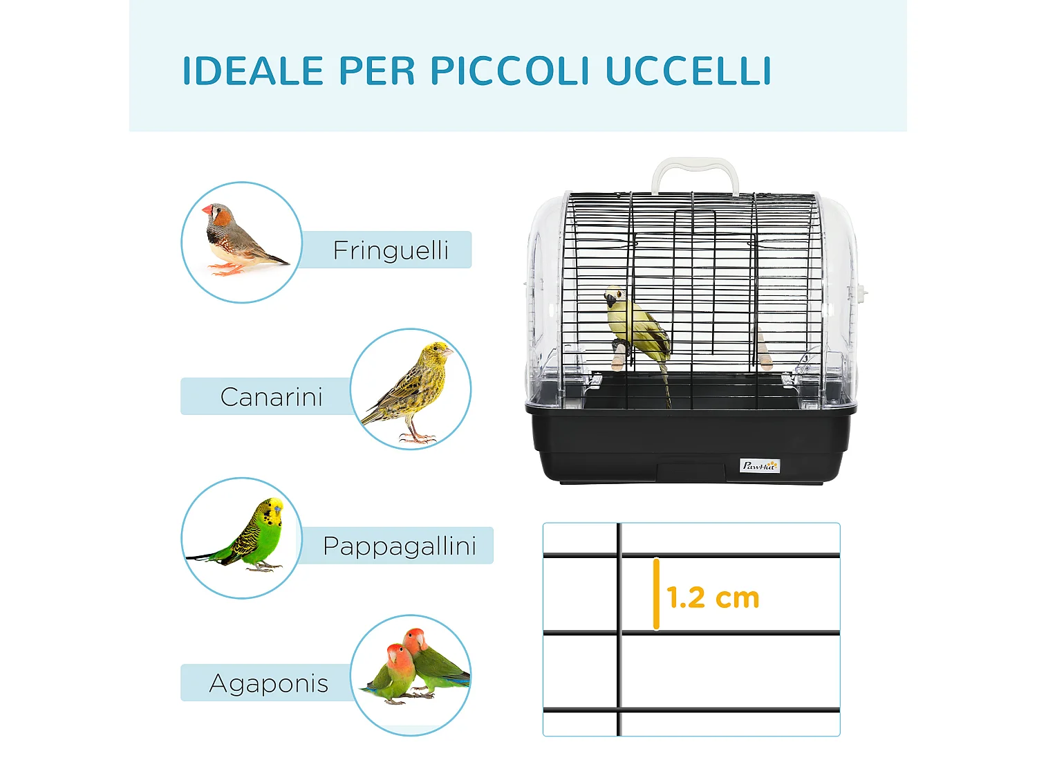 Gabbia per uccelli nera con posatoi e vassoio rimovibile