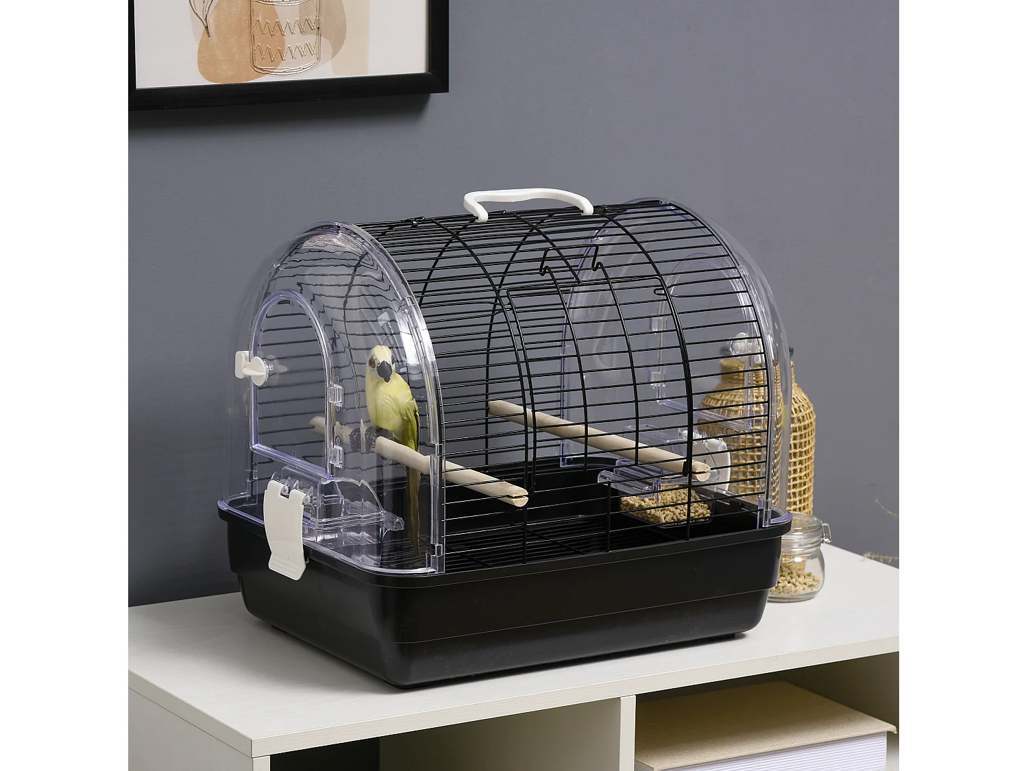 Gabbia per uccelli nera con posatoi e vassoio rimovibile