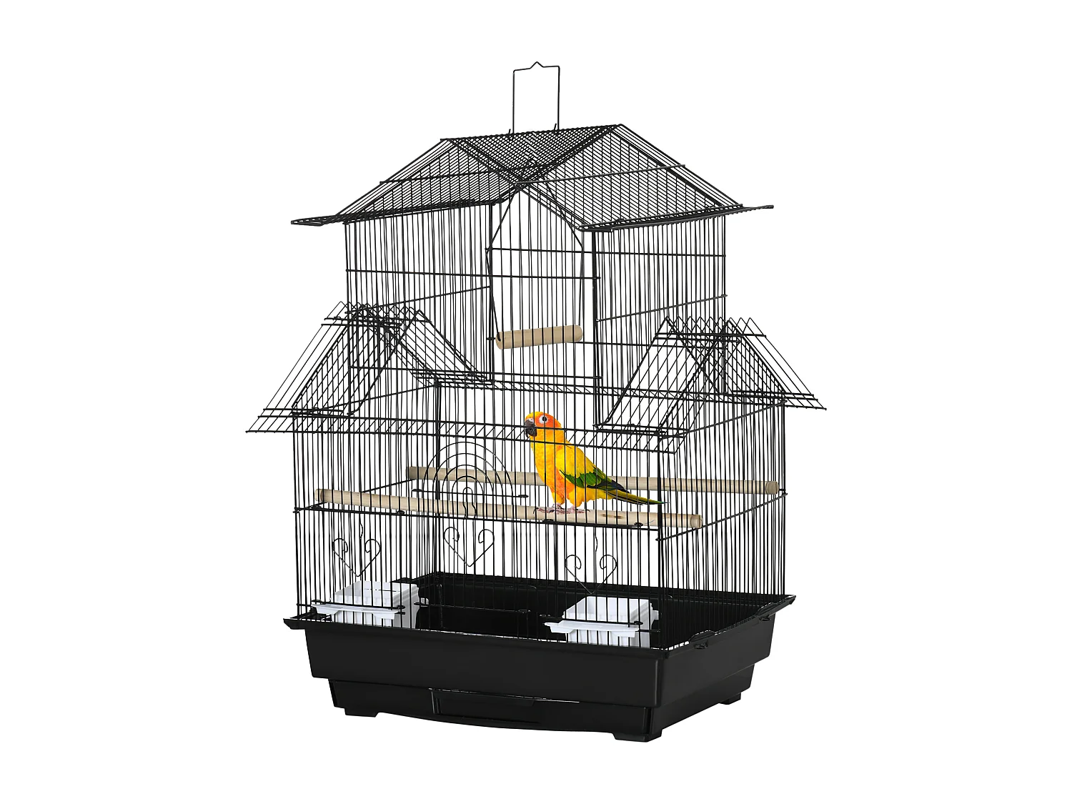 Gabbia per uccelli con maniglia di trasporto e vassoio estraibile nera