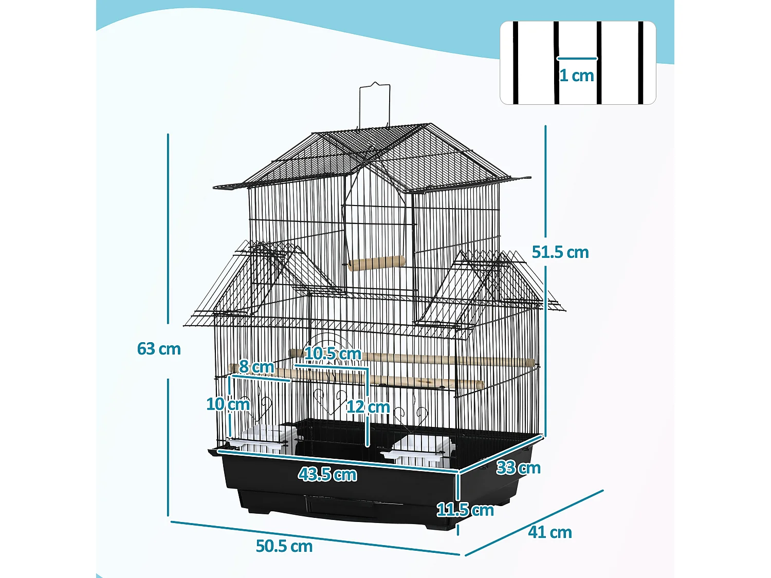 Gabbia per uccelli con maniglia di trasporto e vassoio estraibile nera