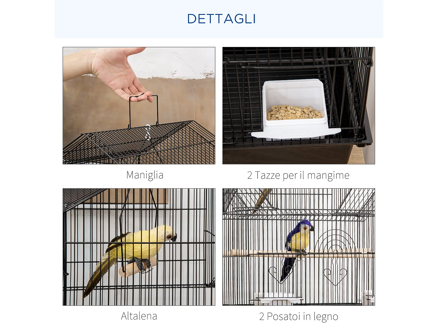 Gabbia per uccelli con maniglia di trasporto e vassoio estraibile nera