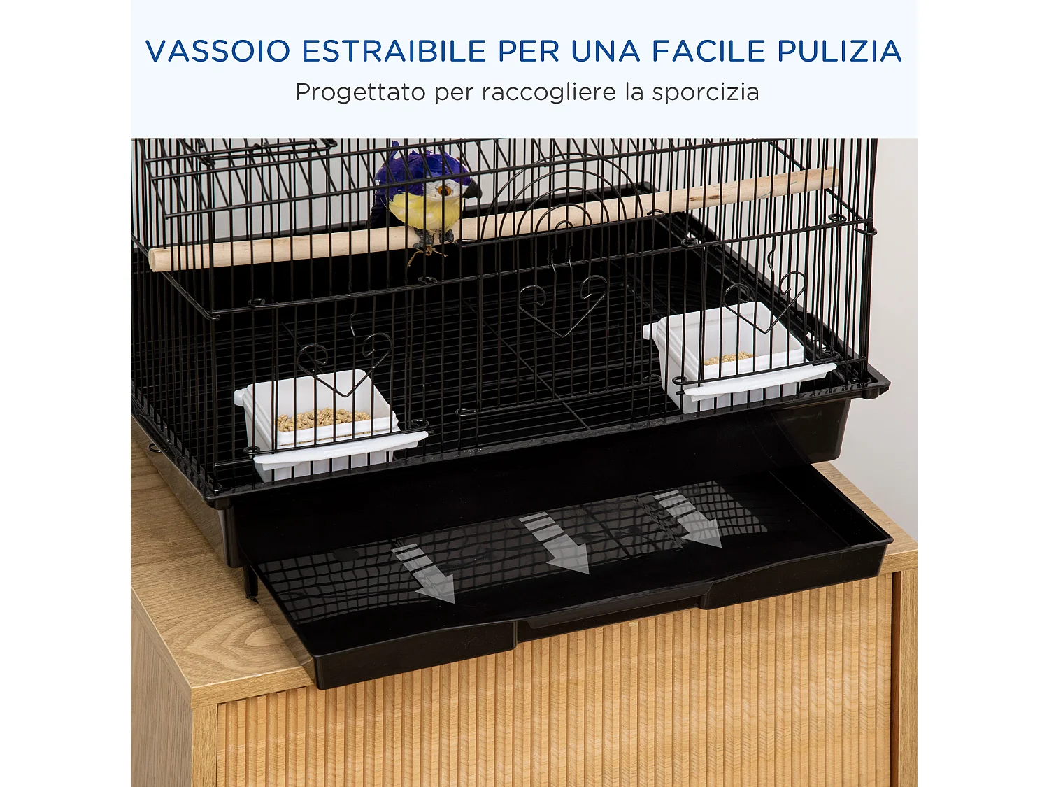 Gabbia per uccelli con maniglia di trasporto e vassoio estraibile nera