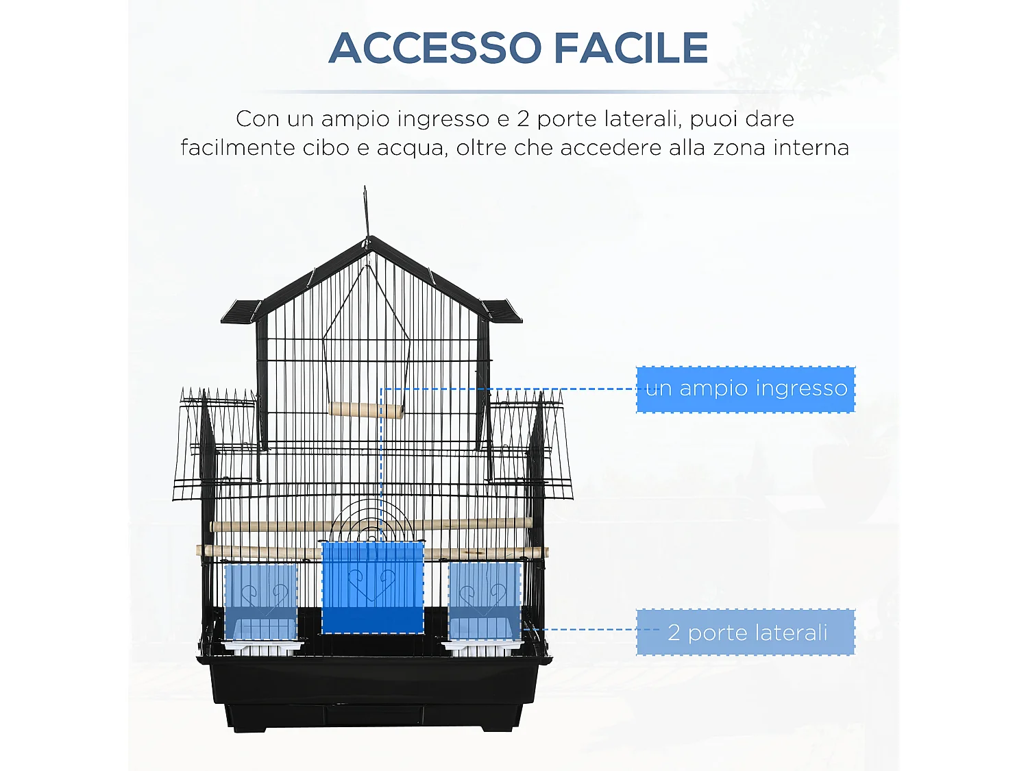 Gabbia per uccelli con maniglia di trasporto e vassoio estraibile nera