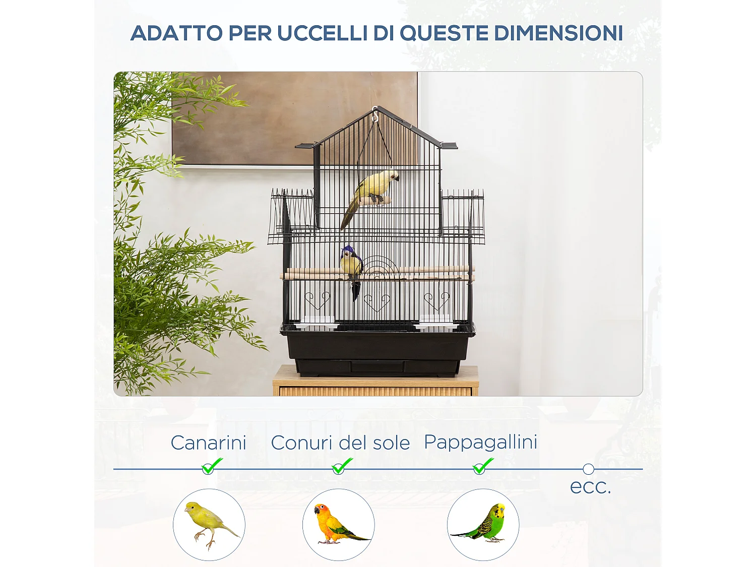 Gabbia per uccelli con maniglia di trasporto e vassoio estraibile nera