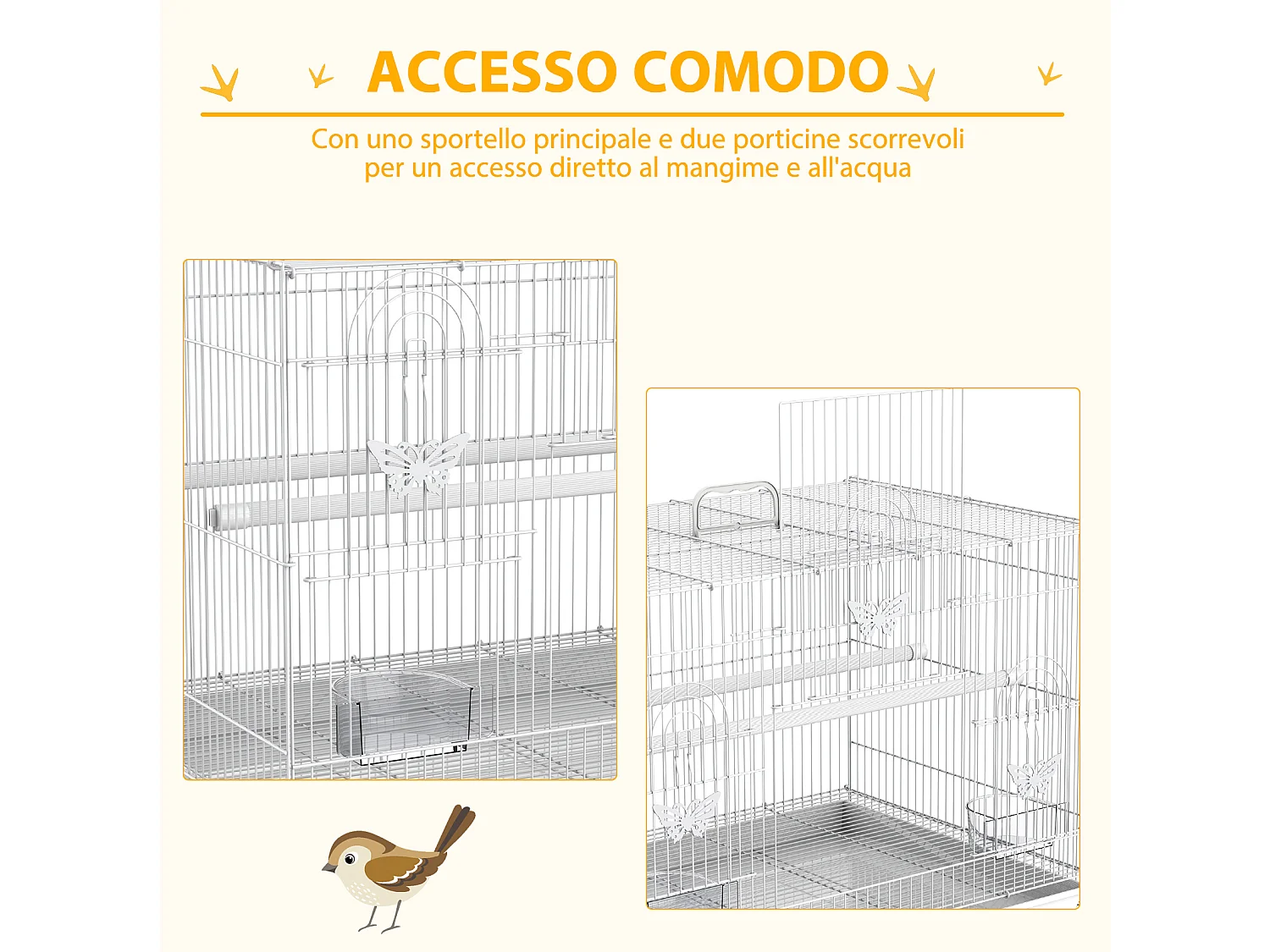 Gabbia per uccelli in metallo con posatoi ciotole per cibo e maniglia