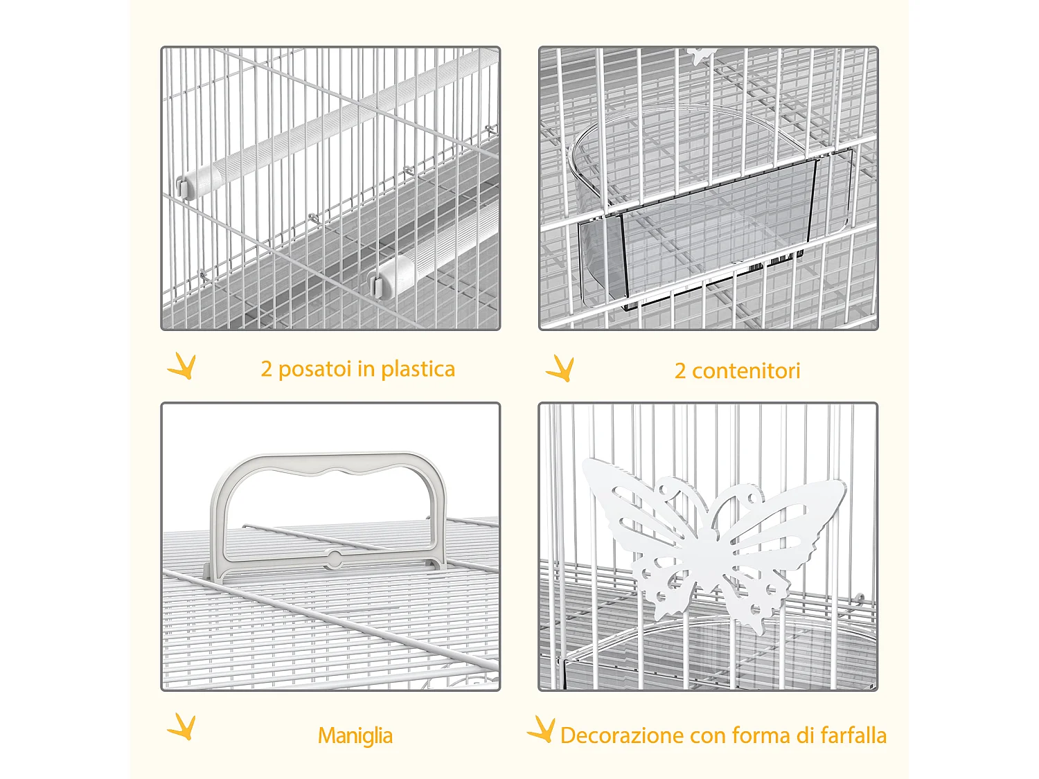 Gabbia per uccelli in metallo con posatoi ciotole per cibo e maniglia