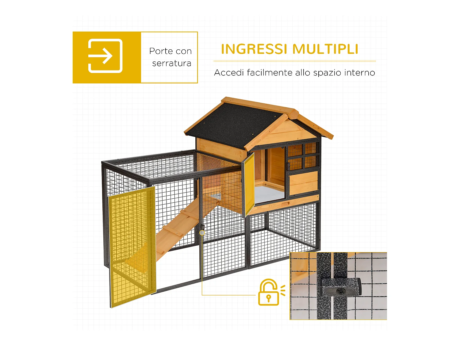 Gabbia per conigli con casetta rampa cortile conigliera legno e metallo