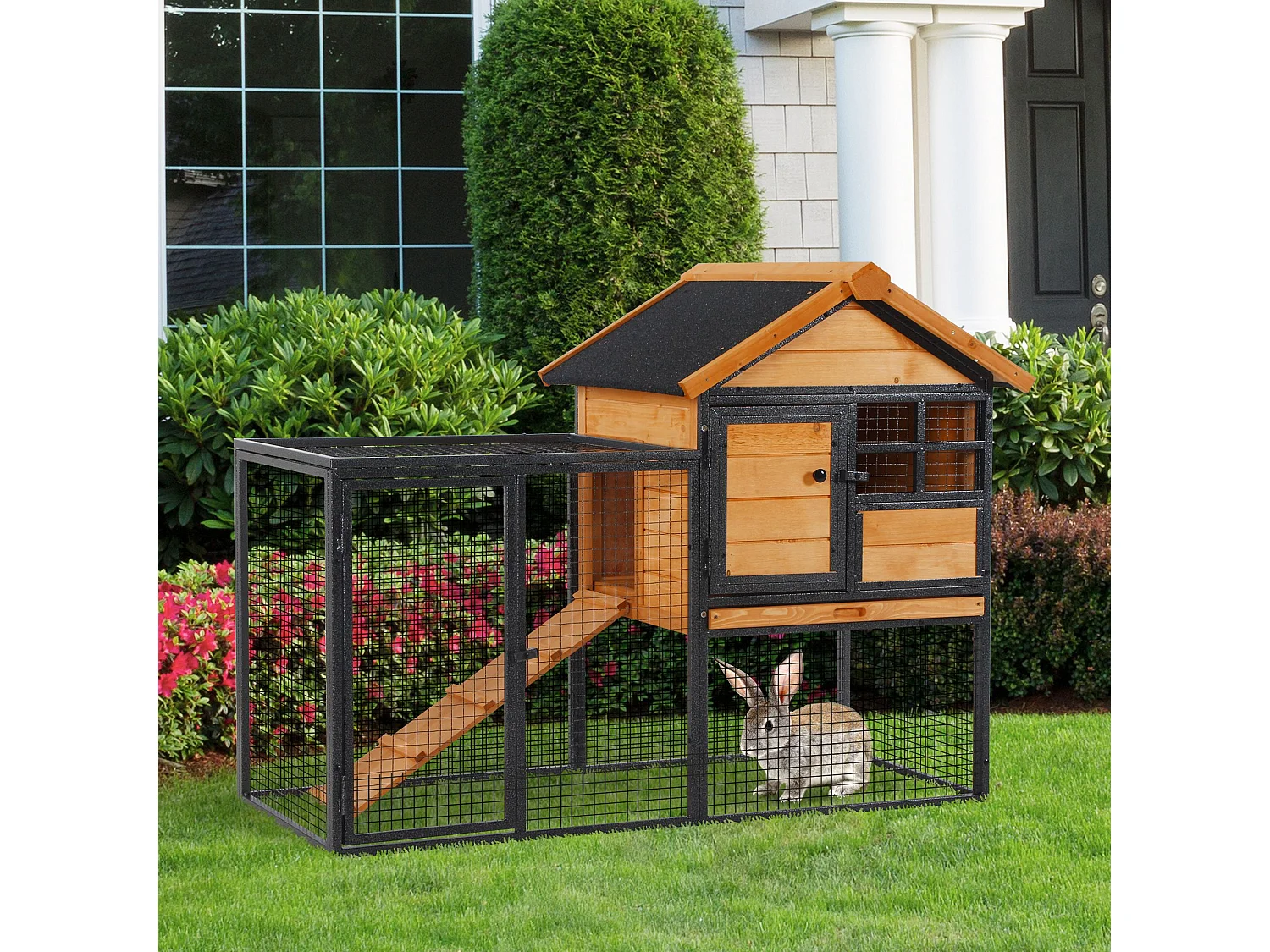 Gabbia per conigli con casetta rampa cortile conigliera legno e metallo