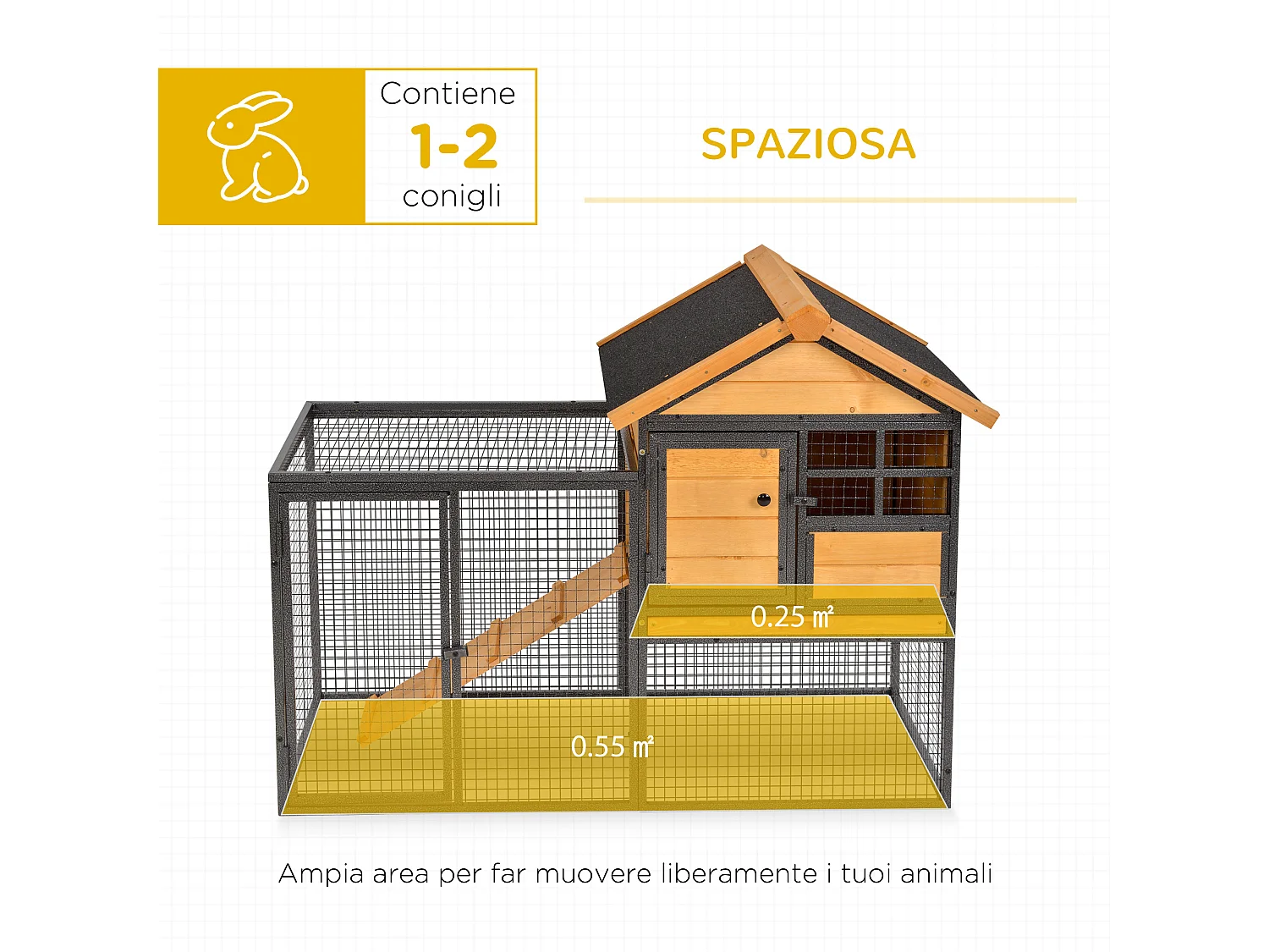 Gabbia per conigli con casetta rampa cortile conigliera legno e metallo