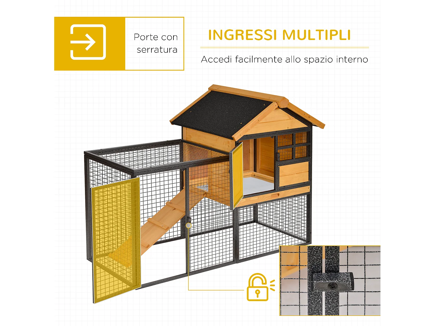 Gabbia per conigli con casetta rampa cortile conigliera legno e metallo