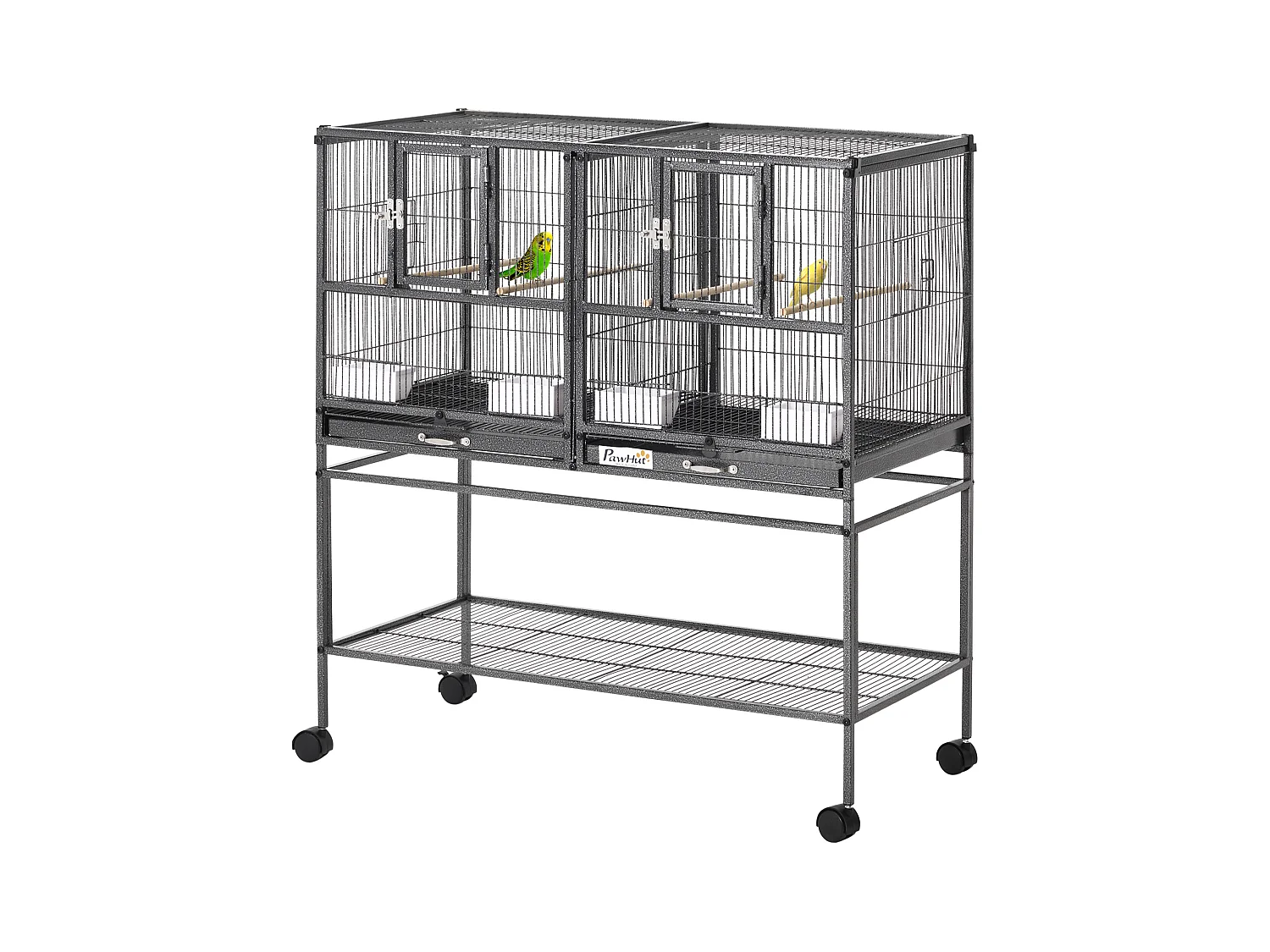 Doppia gabbia per uccelli vassoi estraibili supporto con ruote e ripiano