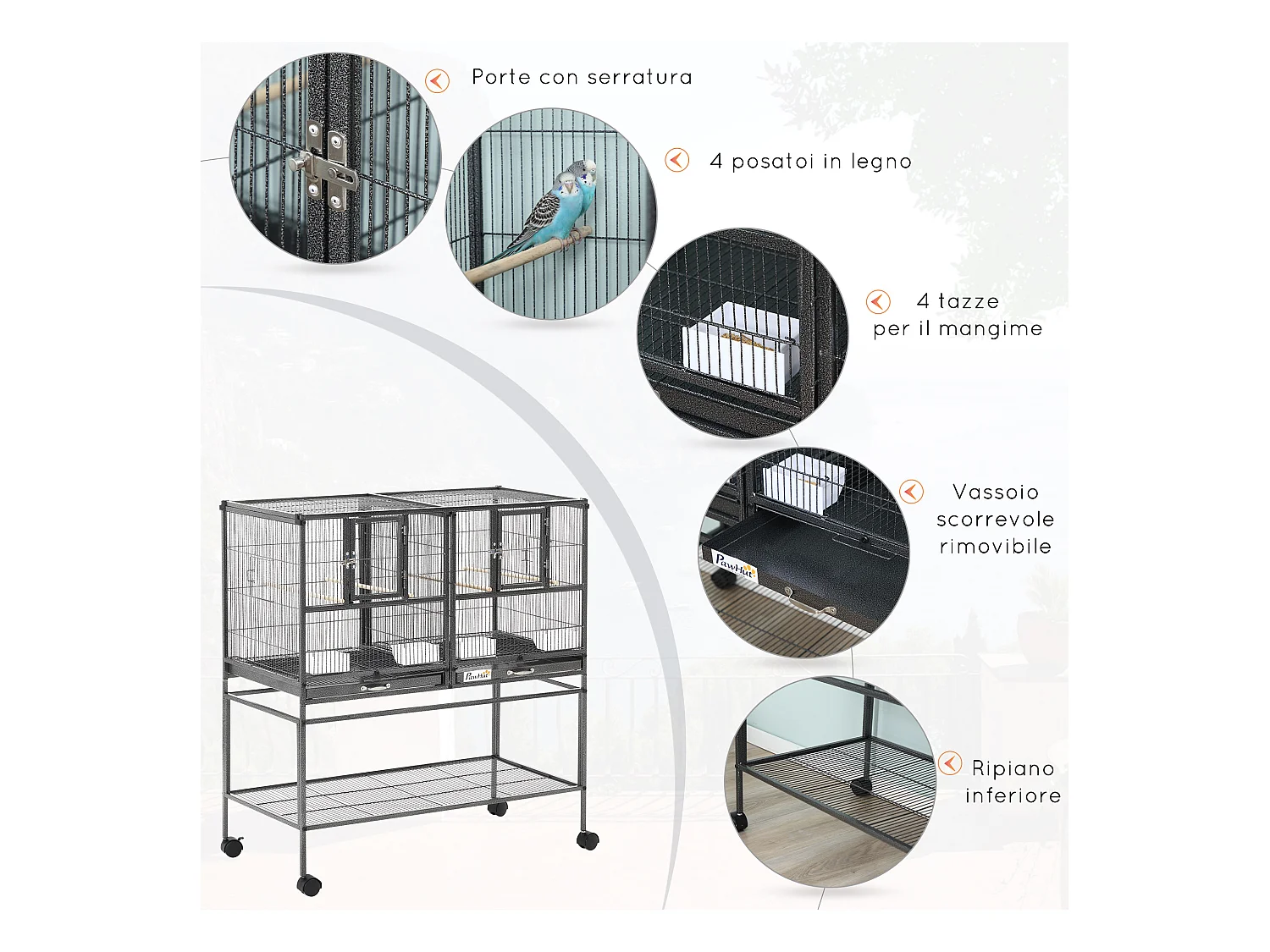 Doppia gabbia per uccelli vassoi estraibili supporto con ruote e ripiano