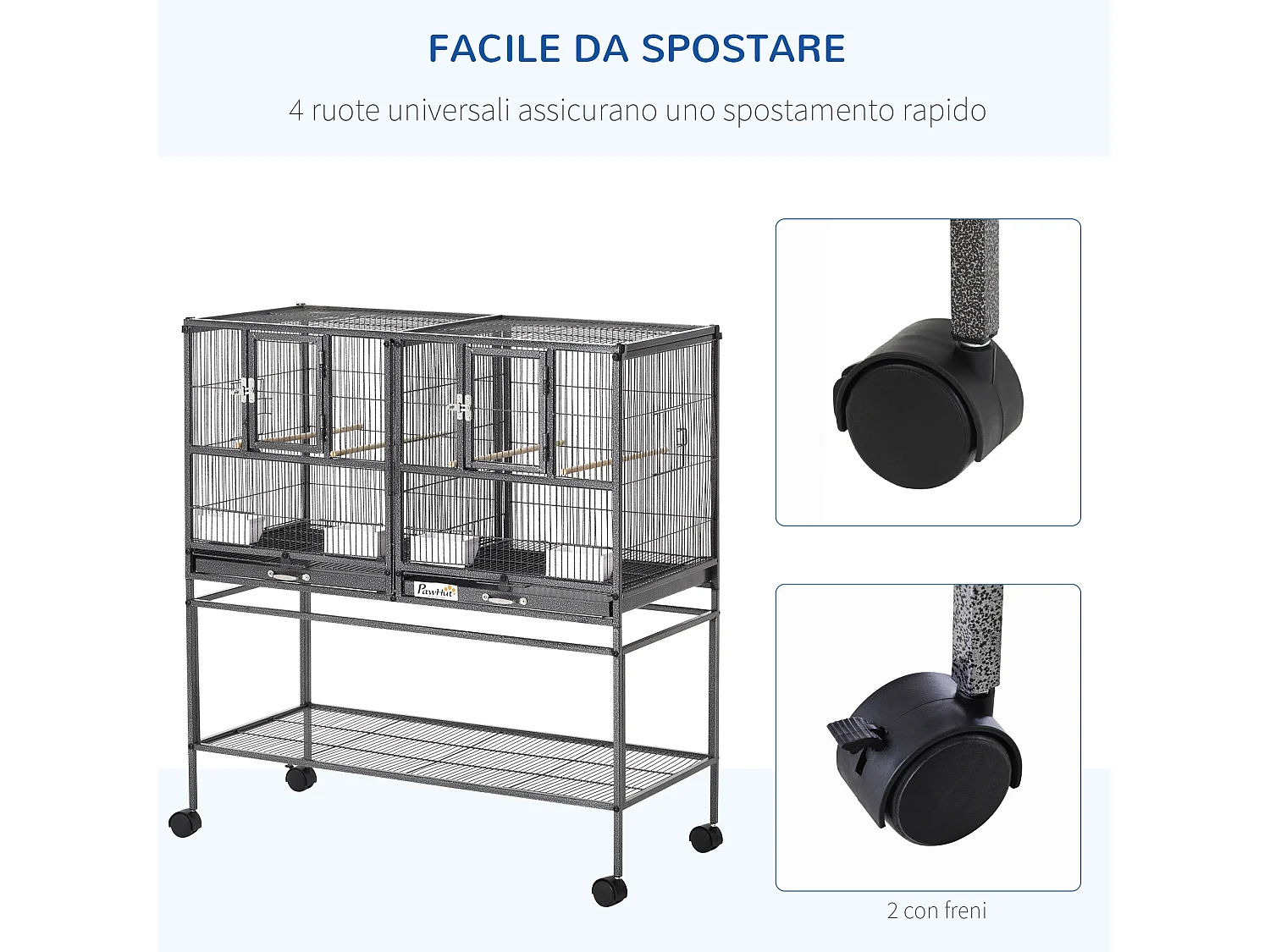 Doppia gabbia per uccelli vassoi estraibili supporto con ruote e ripiano